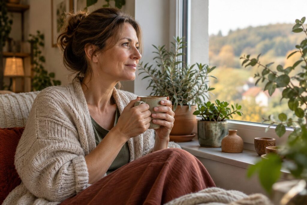Frau sitzt mit einer Tasse Tee entspannt am Fenster