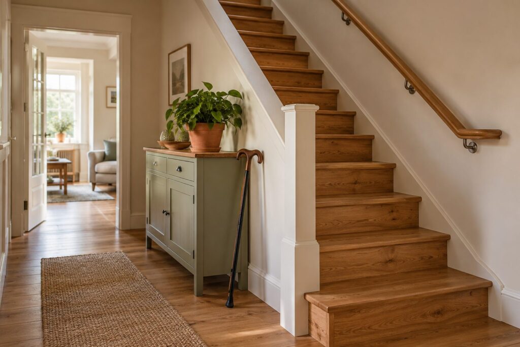 Heller Hausflur mit Holztreppe, Handlauf und angelehntem Gehstock