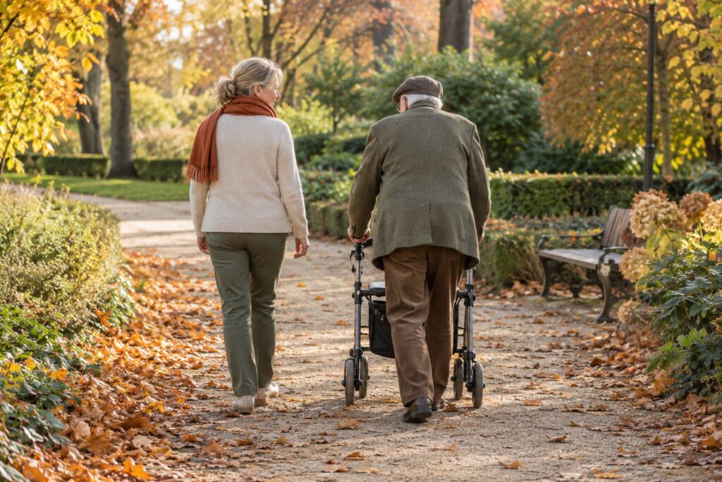 Tochter und älterer Vater mit Rollator beim Spaziergang im Herbstpark
